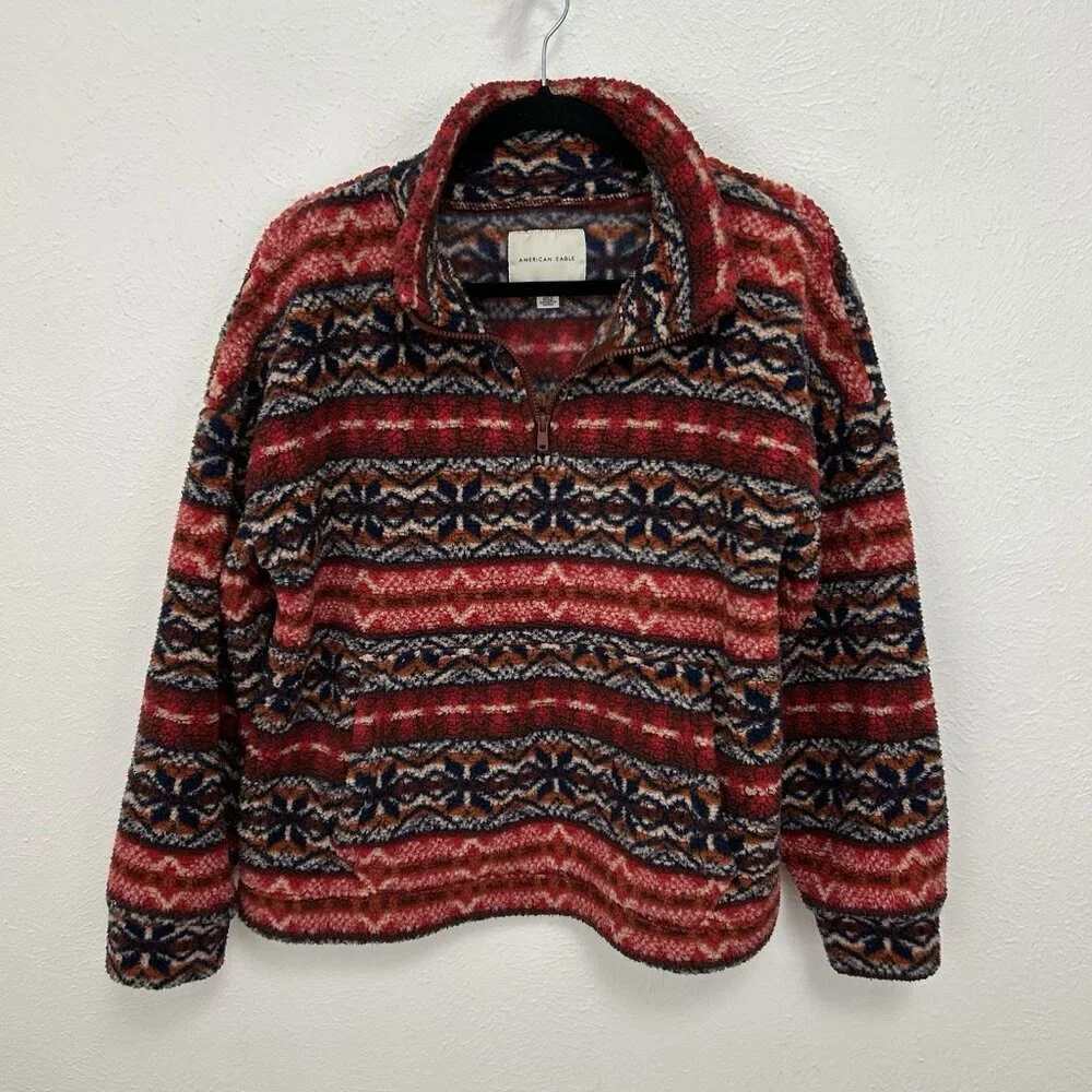 American Eagle Sweater Womens S Red Aztec Plush Sherpa Fleece‎ 1/4 Zip Pullover